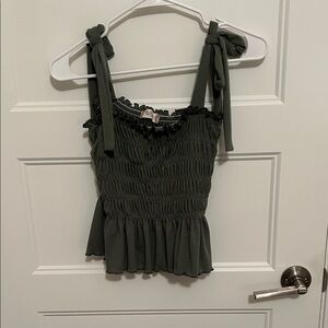 Altar'd State Dark Green Smocked Blouse with Bow Straps